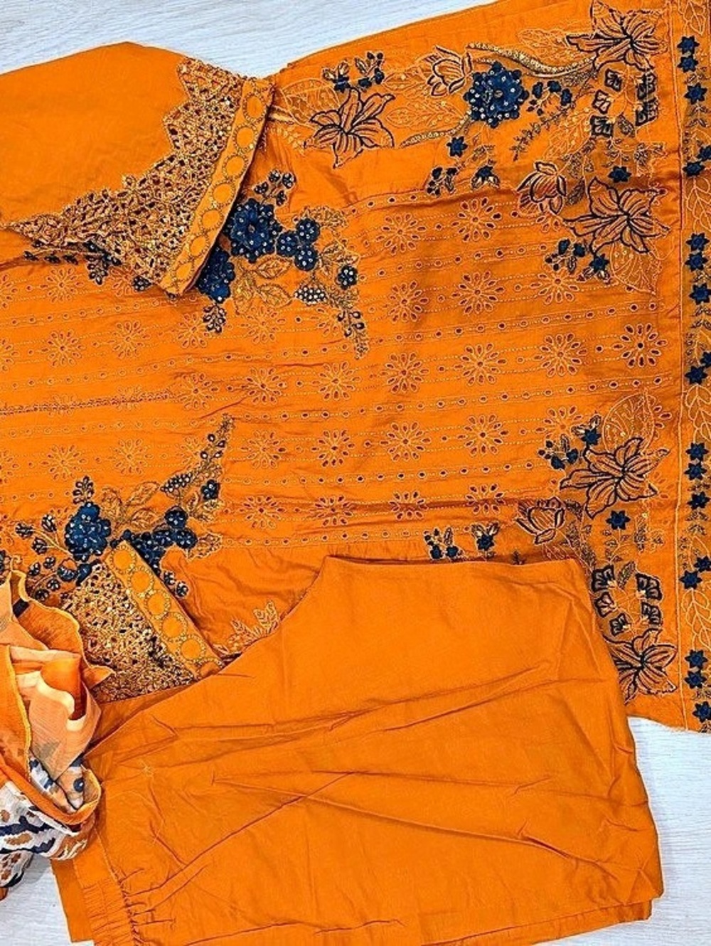 Khaadi Embroidered Floral Kurta in Orange & Blue